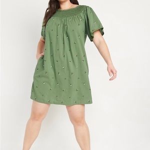 PreOwned Flutter-Sleeve Smocked Floral-Embroidered Mini Swing Dress for Women